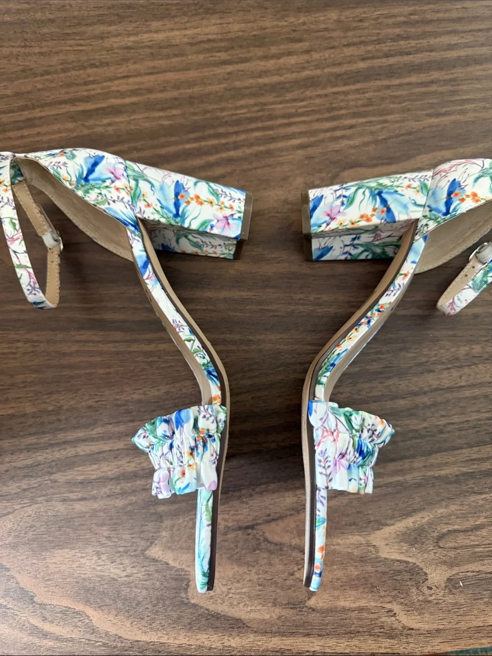 Unisa Floral Ruched Strap Heeled Sandals in Blue, Green, Pink